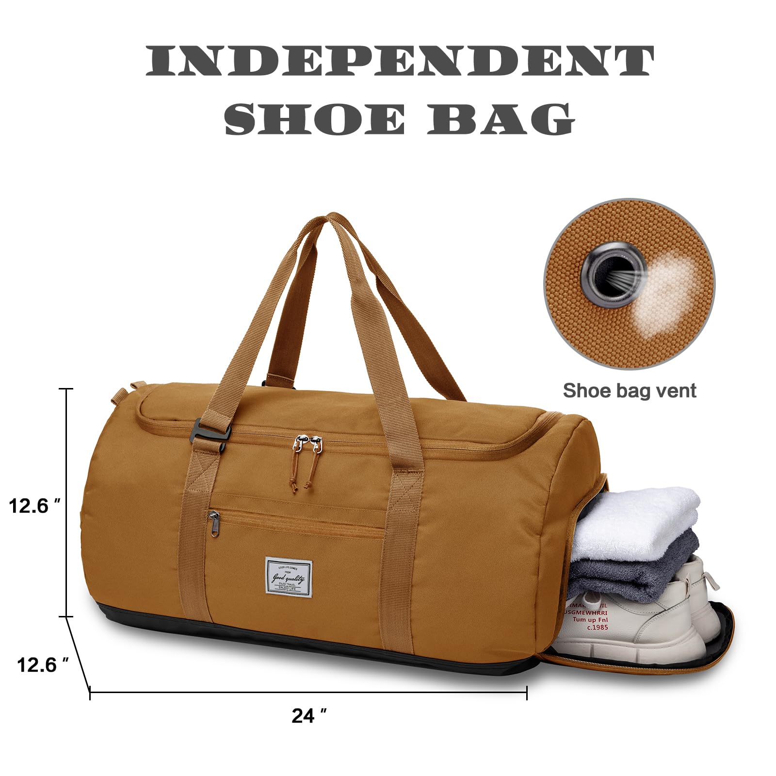 Sac de Voyage Homme 60L Moyen Sac de Sport Week-End avec Poche à Chaussures - Léger pour Randonnée, Camping ou Nuitée - Sac Polyvalent Homme Femme, Marron