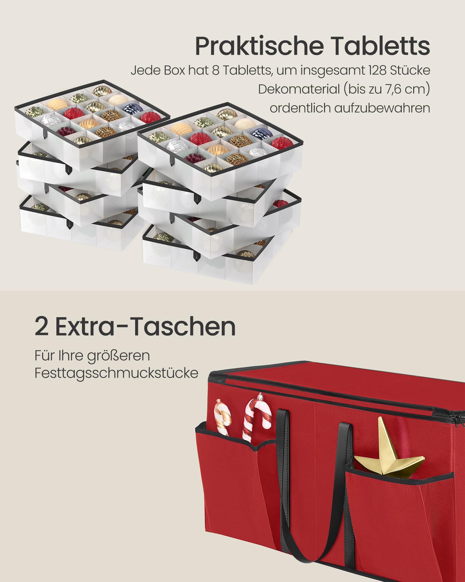 SONGMICS Aufbewahrungsbox für Weihnachtskugeln, mit Deckel, 8 Tabletts | Weihnachtskugeln Aufbewahrung, Doppelreißverschluss, 600D Oxford-Gewebe, 128 Fächer je 7,6 cm, TYLA Kollektion RFB043R01