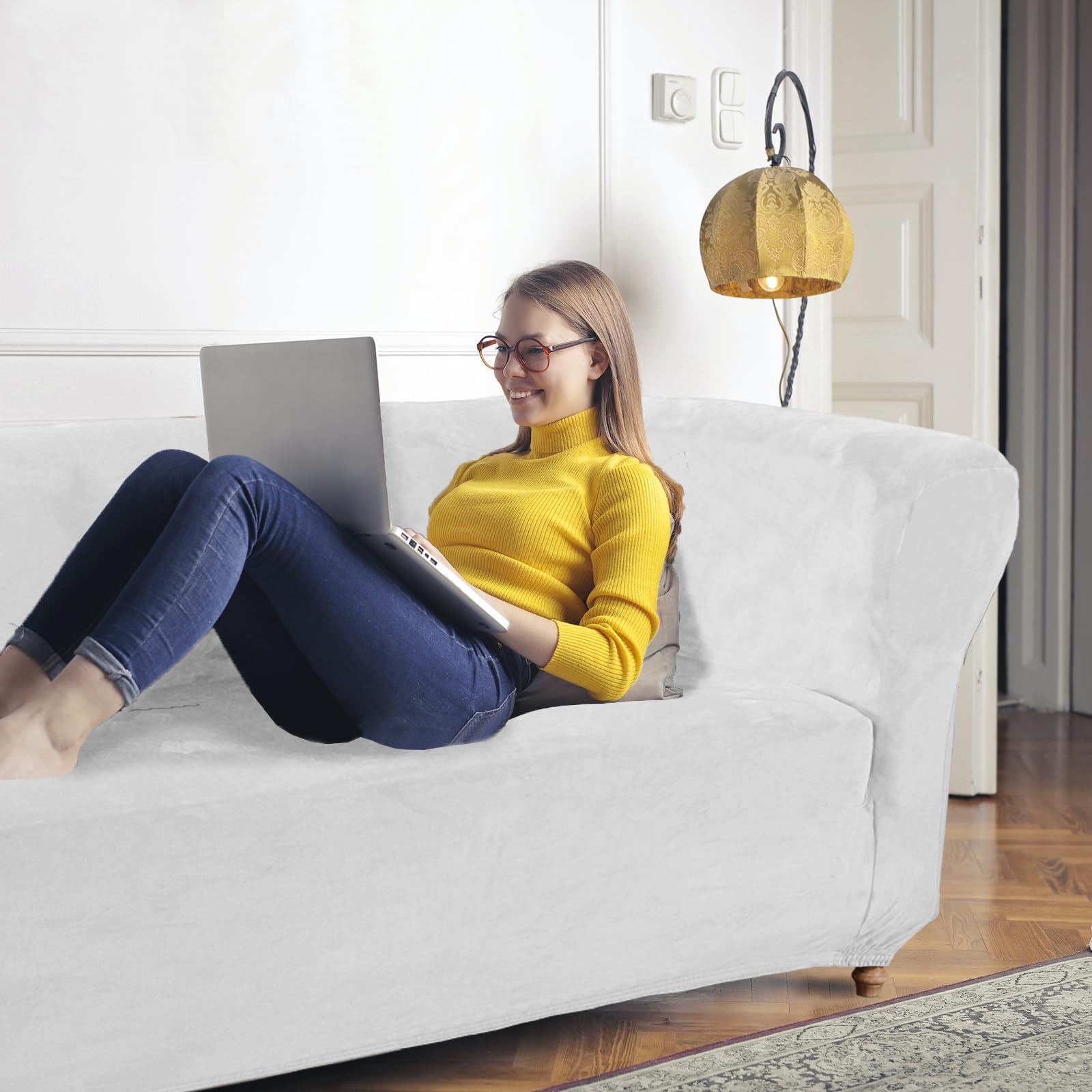 SYLC Terciopelo Funda Sofa Elastica, Capas Sofa Chesterfield con Fundas De Cojín para Asiento, Cubierta Protector para Settee Curvada Vintage (White,Sofa)