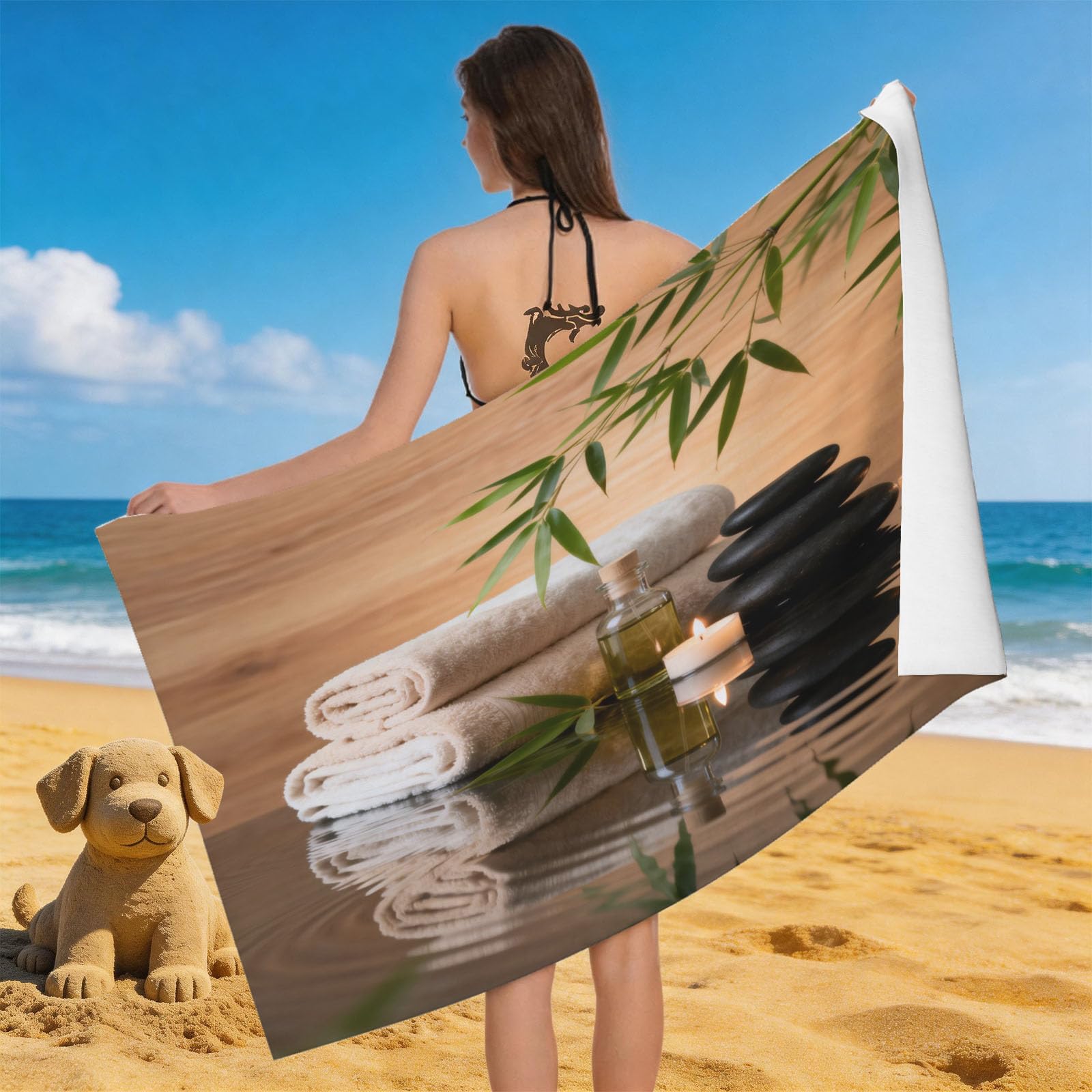 Leichong 3D Zen Beach Towel Large Microfiber Soft Quick Dry for Adults, Bamboo Bath Towel Lightweight Soft Absorbent for Travel Swimming Pool Sports, 180 x 90 cm