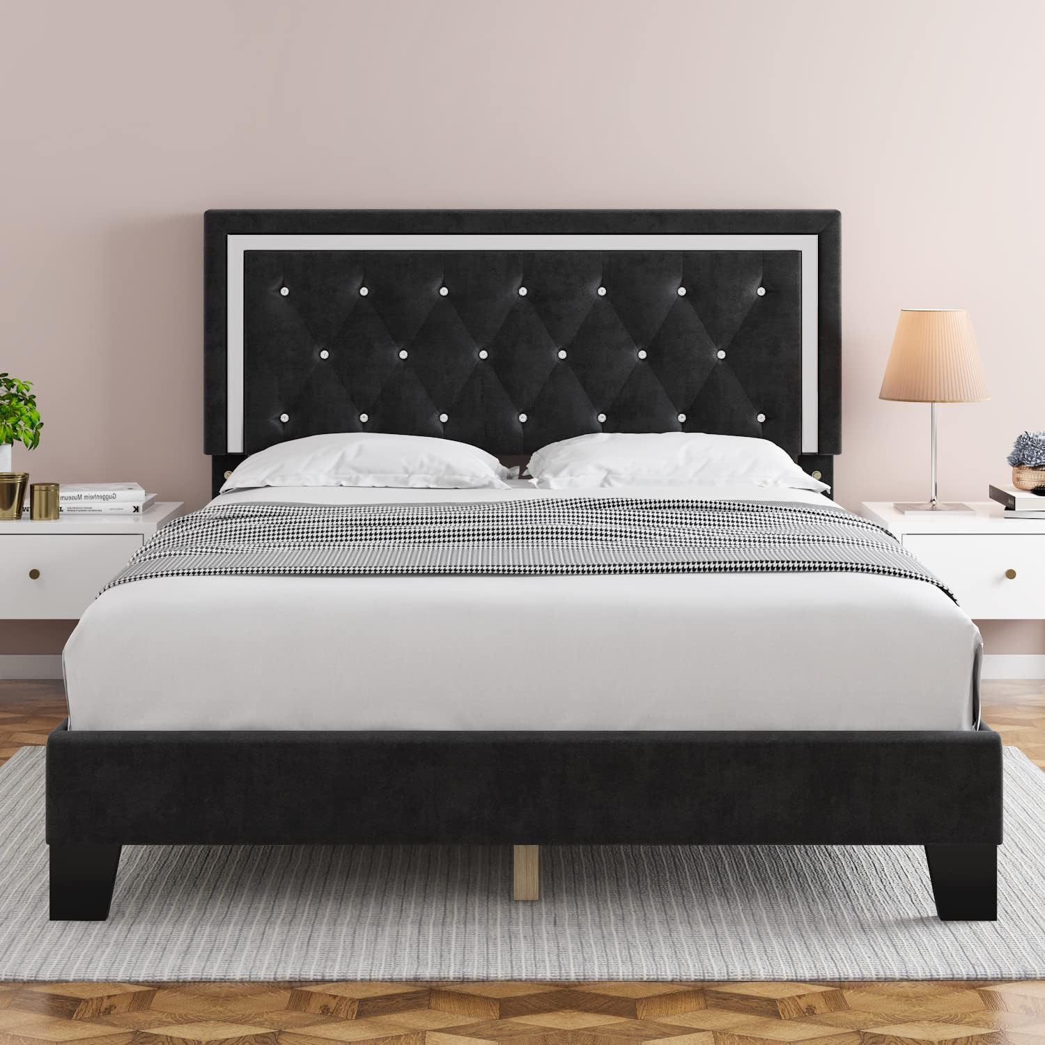 HITHOS Queen Bed Frame, Upholstered Platform Bed Frame with Modern Adjustable Headboard, Diamond Tufted Mattress Foundation with Wooden Slat Support, No Box Spring Needed, Easy Assembly (Queen, Black)