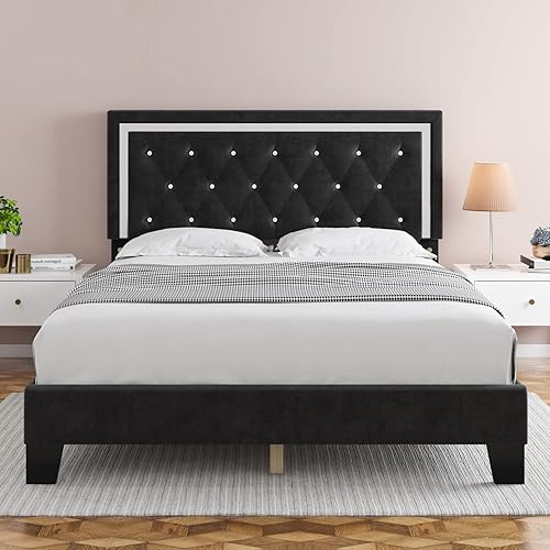 Base de cama tamaño matrimonial con plataforma tapizada con diamantes incrustados y cabecera ajustable base de colchón con soporte de tablas de