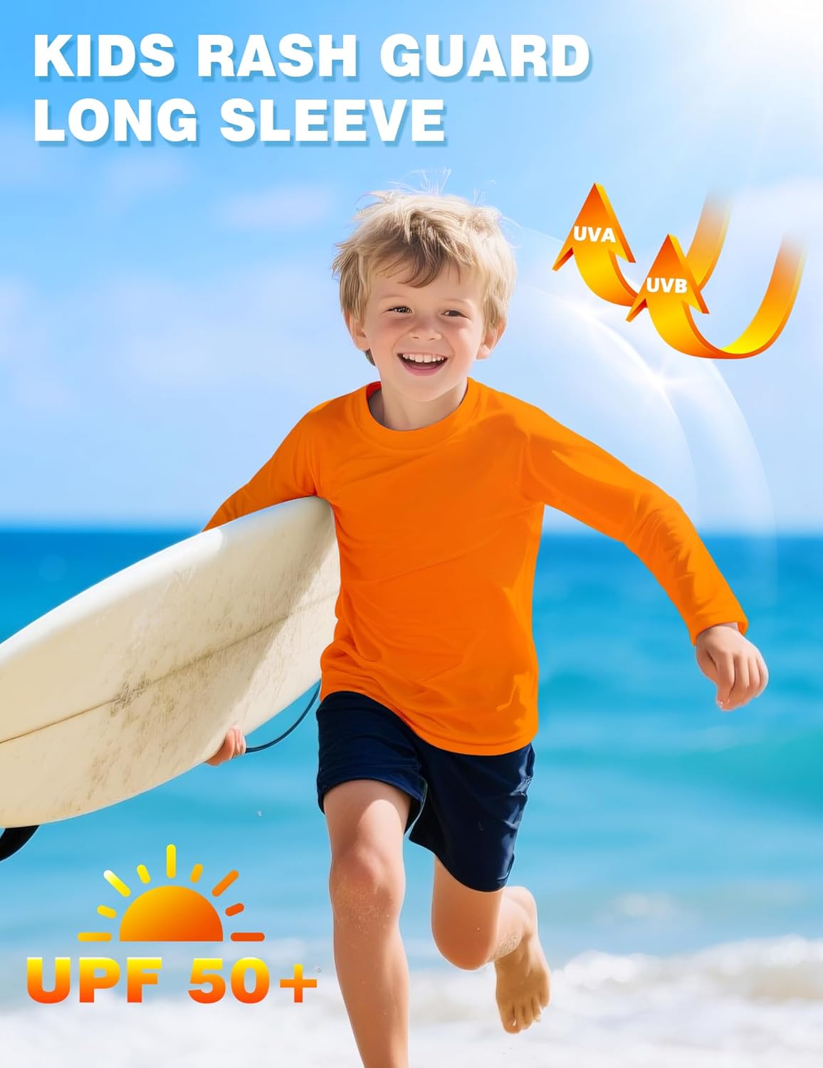 Boys Rash Guard UPF 50+ Swim Shirts Long Sleeve Sun Shirts Boys UV Protection Surfing Water Fishing Swimming Shirts for Kids Orange 7-8Y - Image 3