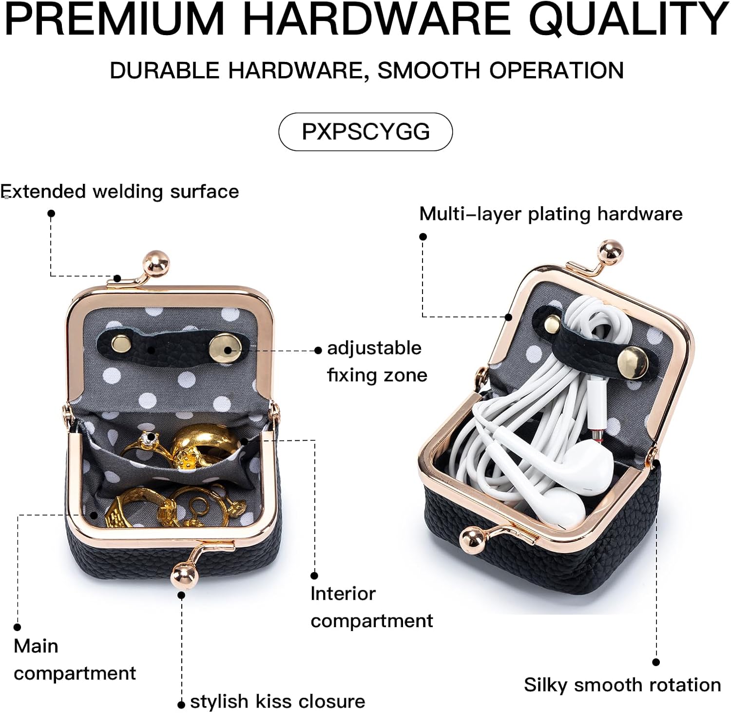 Genuine Leather Mini Jewelry Box - Vintage-Inspired Travel Jewelry Organizer with Kiss Lock, Compact Ring Box for Women, Perfect for Earrings, Rings, Necklaces, Bracelets (B Black)