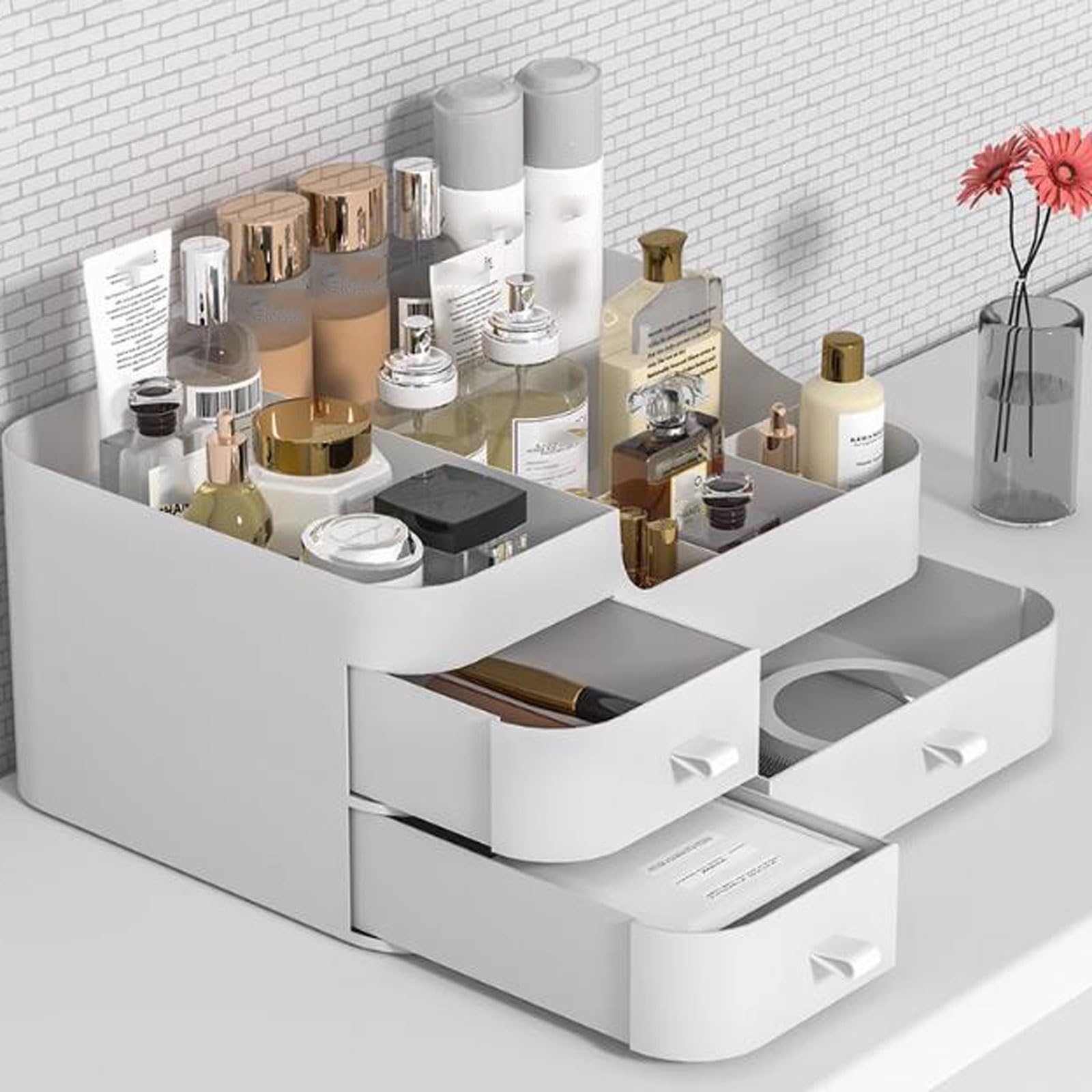 Kosmetik-Aufbewahrungsorganisator Make-up-Organizer, Aufbewahrungsbox, umfassender Kosmetik- und Hautpflege-Organizer for Schlafzimmer und Badezimmer, mit Schubladen Arbeitsplatten-Organizer(Weiß)