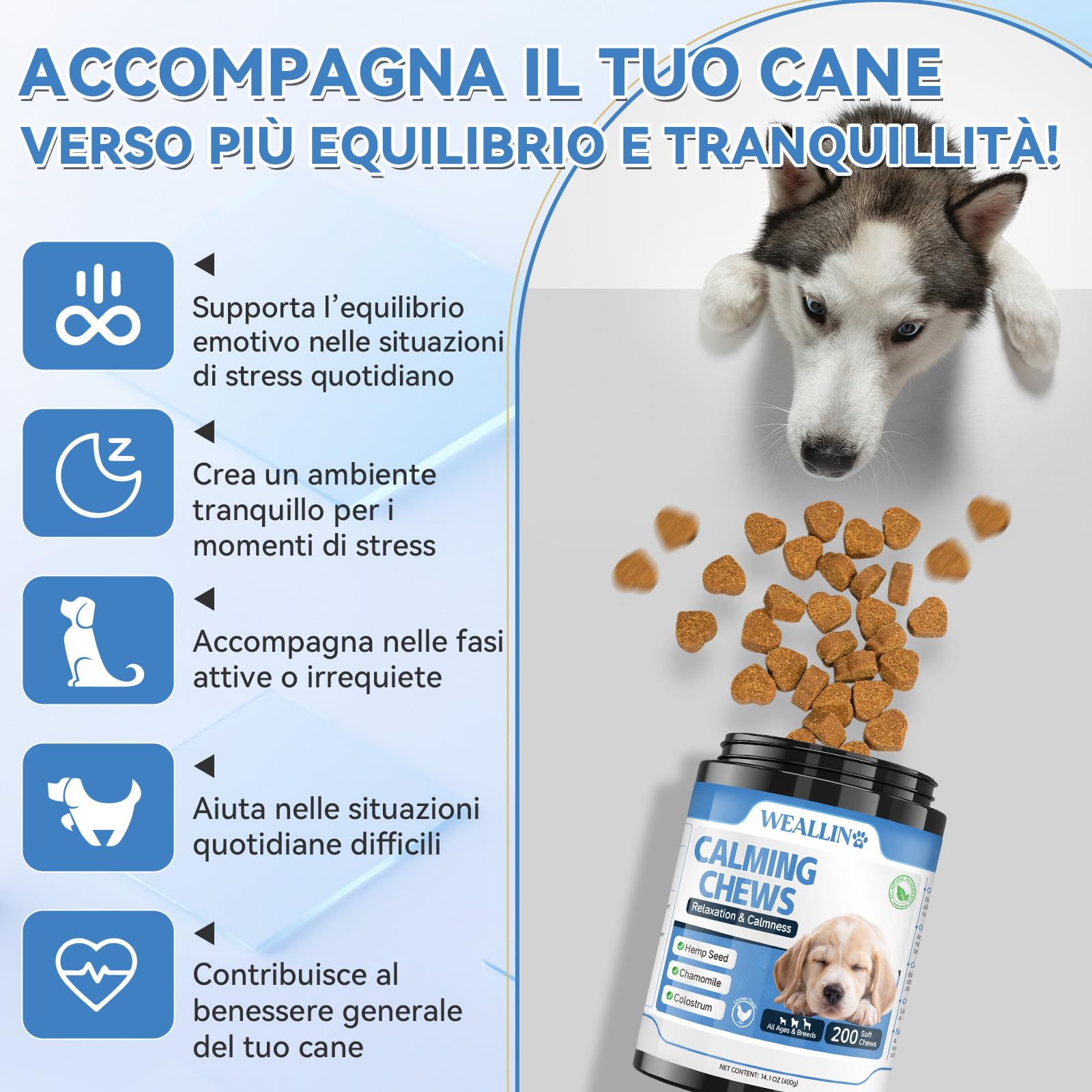 WEALLIN Snack Calmante per Cani, 200 unità Naturale Bocconcini Calmanti per Cani, Supporta Separazione, Abbaio, Viaggio, Fuochi d'Artificio, Aggressività, per Tutte Le Razze e Taglie, Sapore Pollo