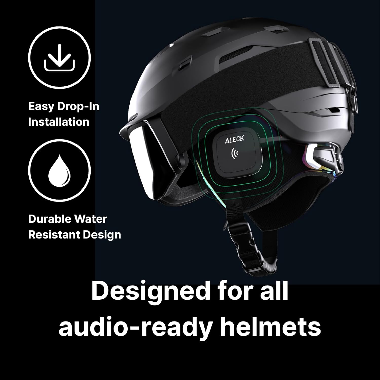 Aleck 006 speaker being inserted into a ski helmet's ear pad.