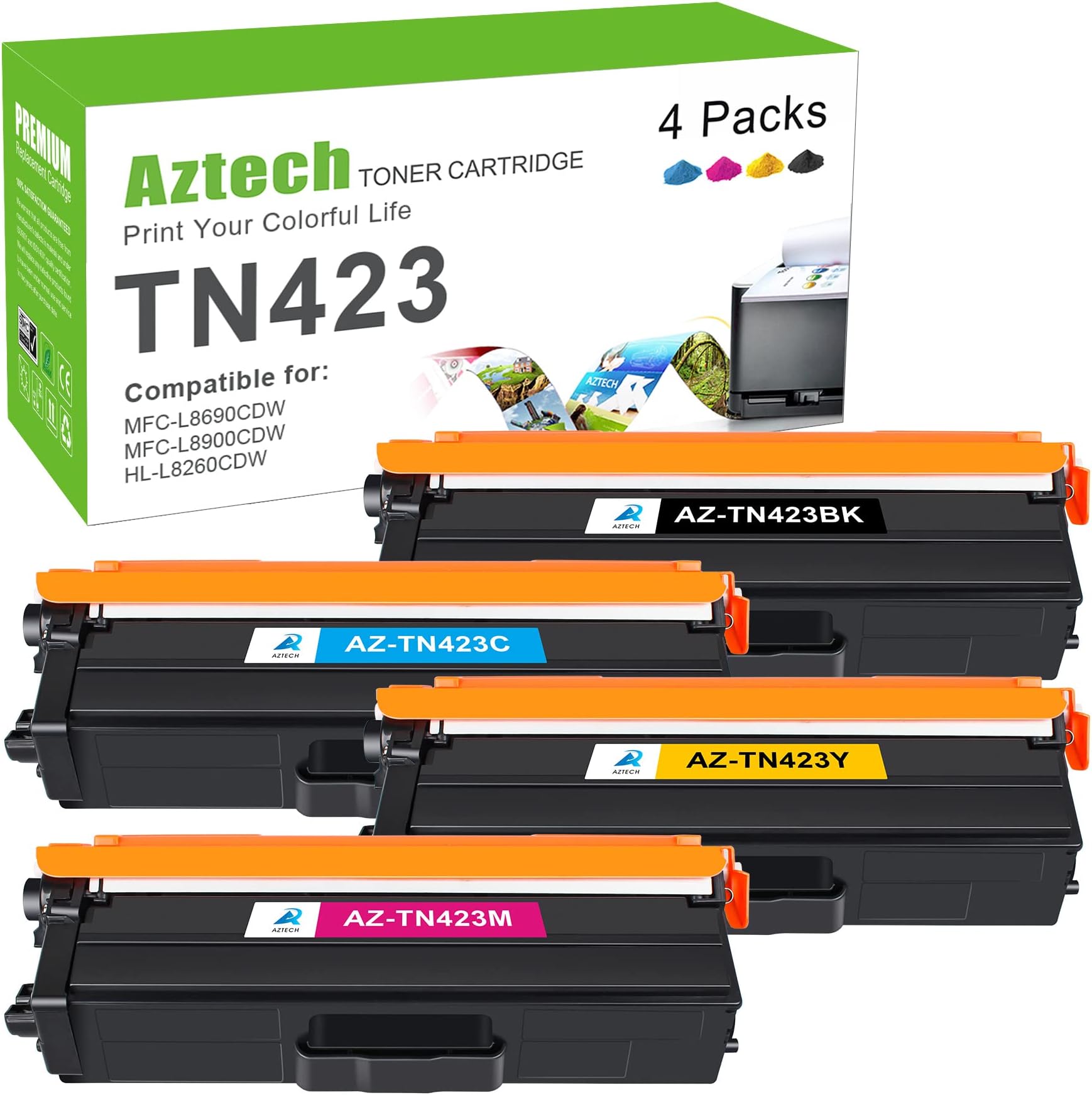 AZTECH TN423 Compatible Toner Replacement for Brother TN-423 MFC-L8690CDW DCP-L8410CDW HL-L8260CDW HL-L8360CDW MFC-L8900CDW Black Cyan Yellow Magenta