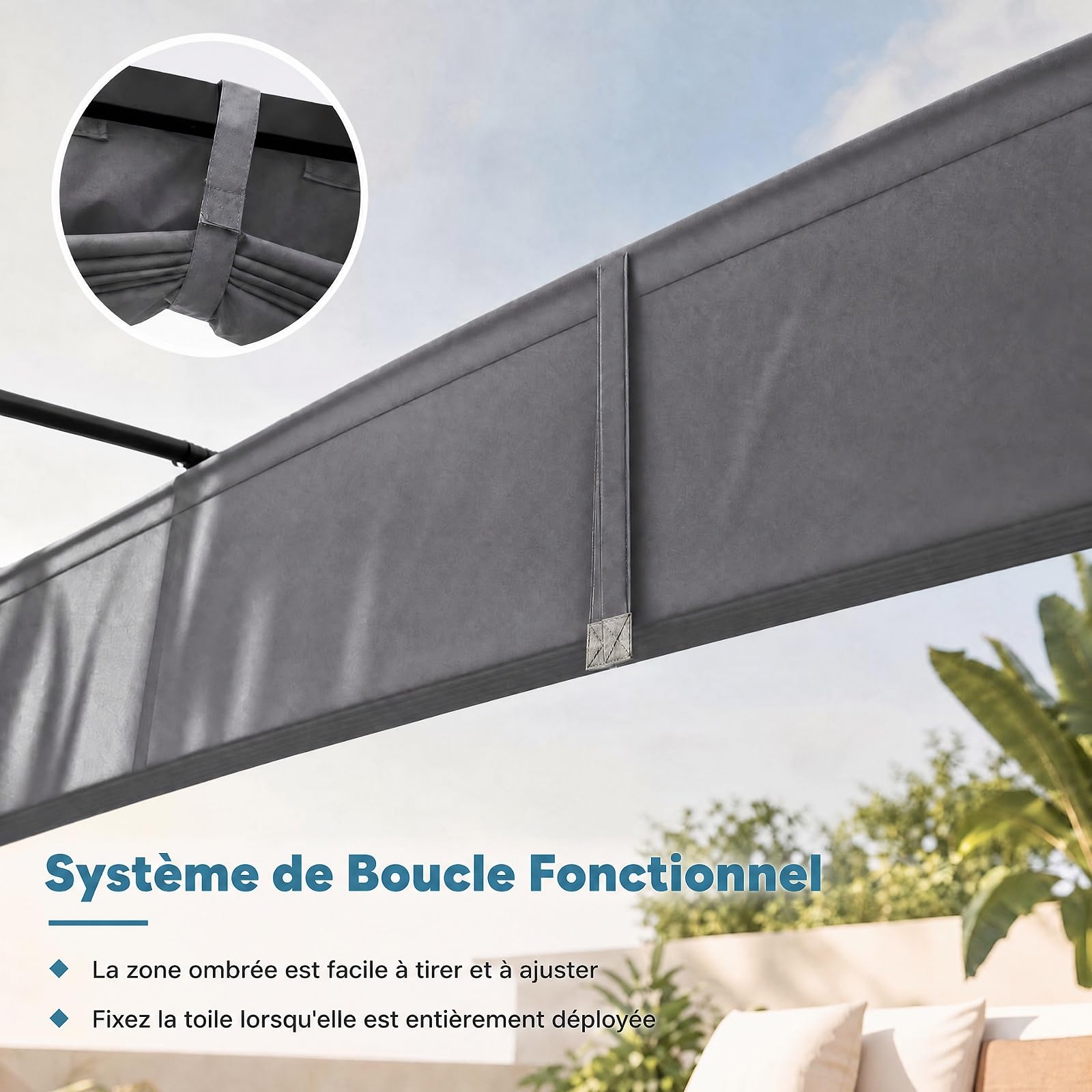 RELAX4LIFE Pergola Jardin Exterieur, Pergola 3x3 M avec Auvent Rétractable, Colonnes Métalliques, Toit en Polyester Hydrofuge, Protection UV, Tonnelle pour Jardin Cour Terrasse (Gris)