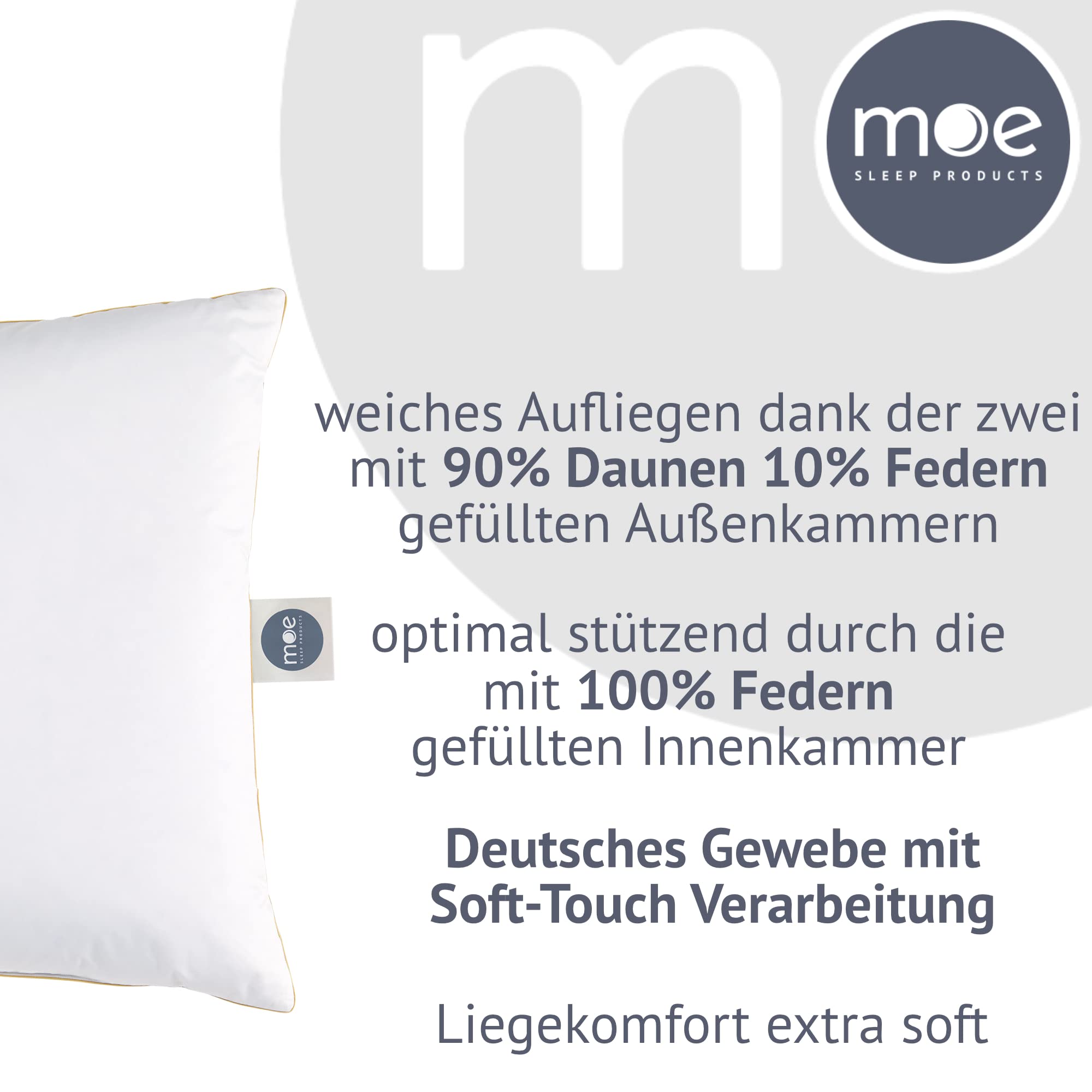 moe Luxury Dream 3-Kammer-Kopfkissen 80x80 cm - Federn- und Daunenkissen, Kissen, Made in Germany, Bezug 100% Baumwolle, für Allergiker geeignet, Füllmenge 1100 g