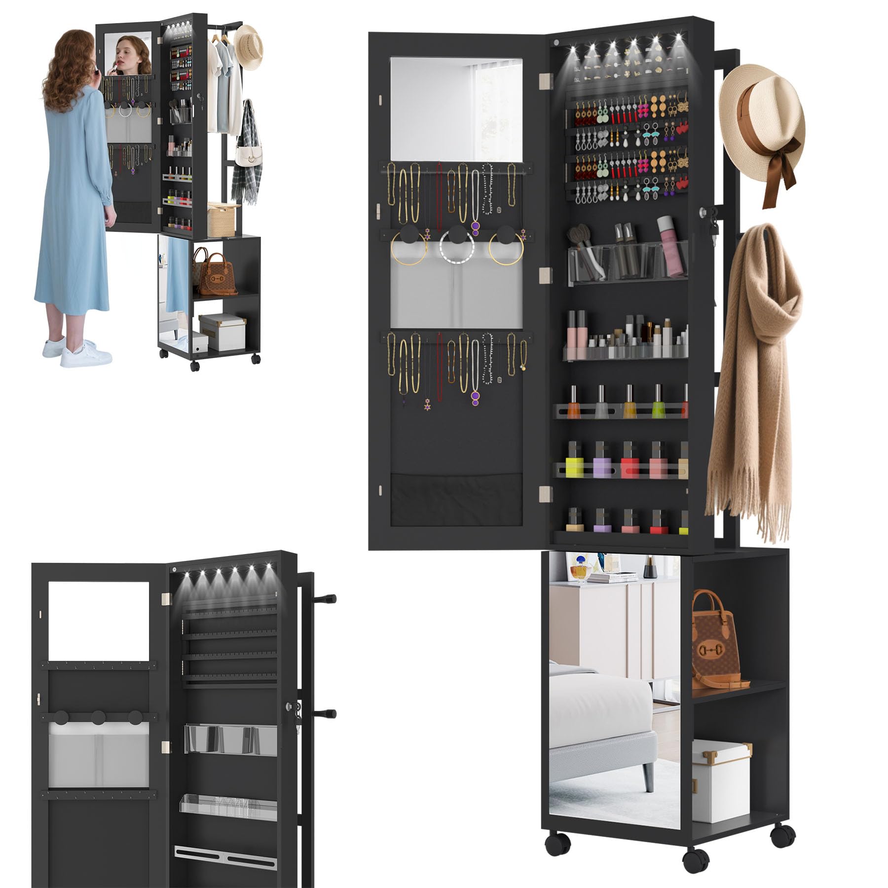 LZQ Schmuckschrank mit Spiegel und LED-Leuchten Spiegelschrank Abschließbar Schmuckorganisator mit Rädern und Ablagen 3-in-1 Schmuckaufbewahrung Schmuck-Organizer, 36 x 40 x 170 cm, Schwarz