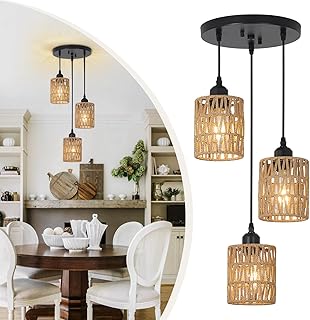 3 Lights Rattan Pendant Light, Farmhouse Dining Room Light Fixtures Ceil...