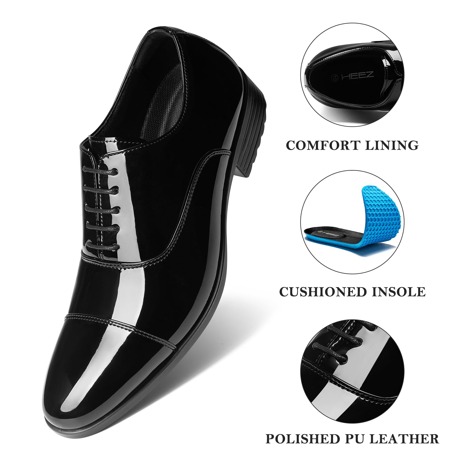 HEEZ Mens Patent Leather Dress Shoes, Tuxedo Shoes for Men Non Slip, Cap Toe Lace Up Formal Oxfords for Wedding Prom Party Dance Business — view 4