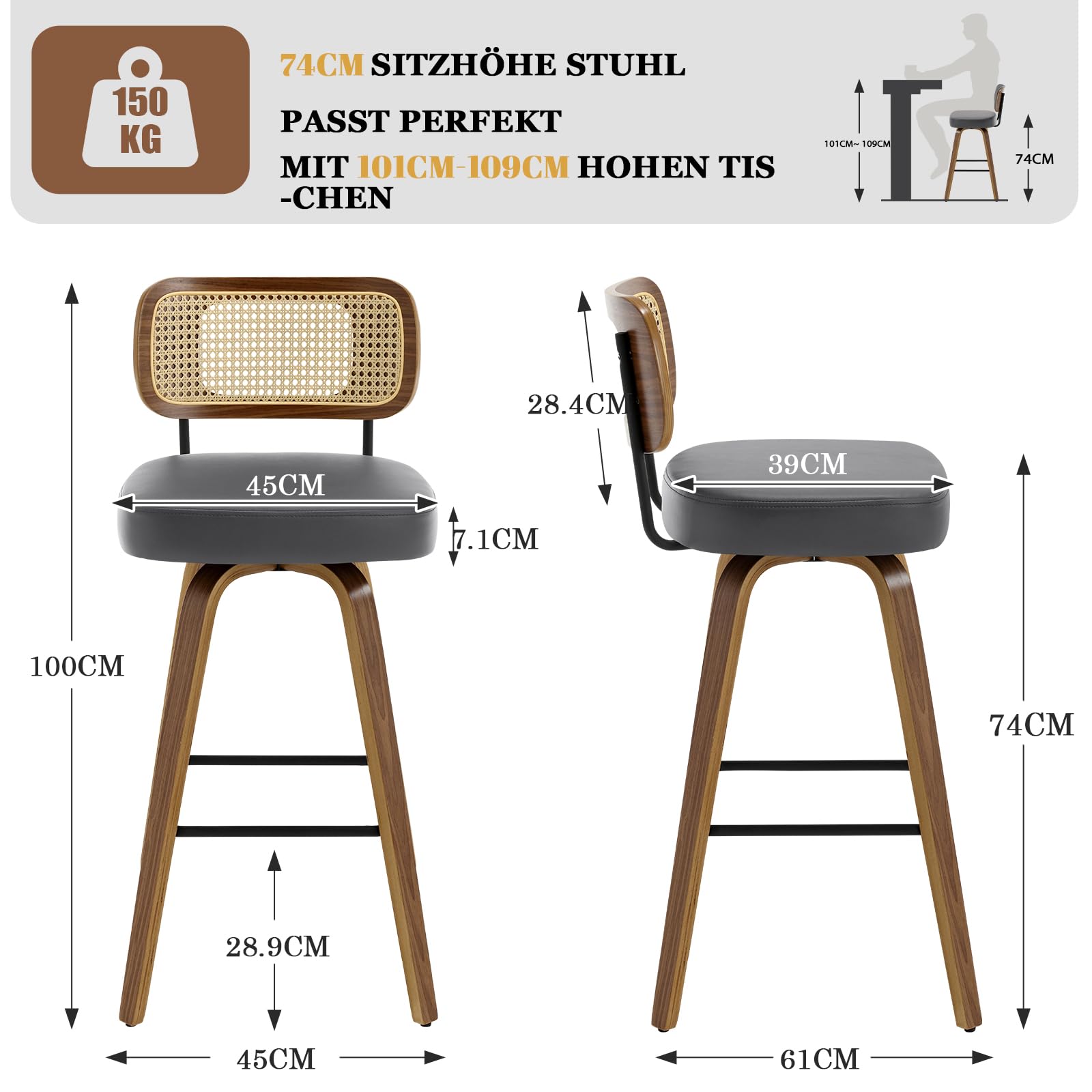 Bekrvio Barhocker 2er Set 74 cm Sitzhöhe, Barhocker Rattan mit Lehne, 360° drehbar, extra Dicker Sitz (7,1 cm), Barstuhl Holz mit 4 Beinen, für hohe Kücheninsel & Theke (101–109 cm) Grau