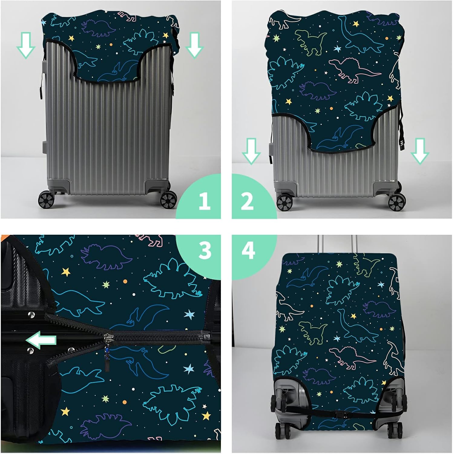 Luggage Cover Suitcase Protector Plus 1 Tag, Dinosaurs Space Travel Suitcase Cover for 18-20 inch Luggage (S) with Concealed Zipper Washable Elastic Cloth Dustproof Anti-Scratch