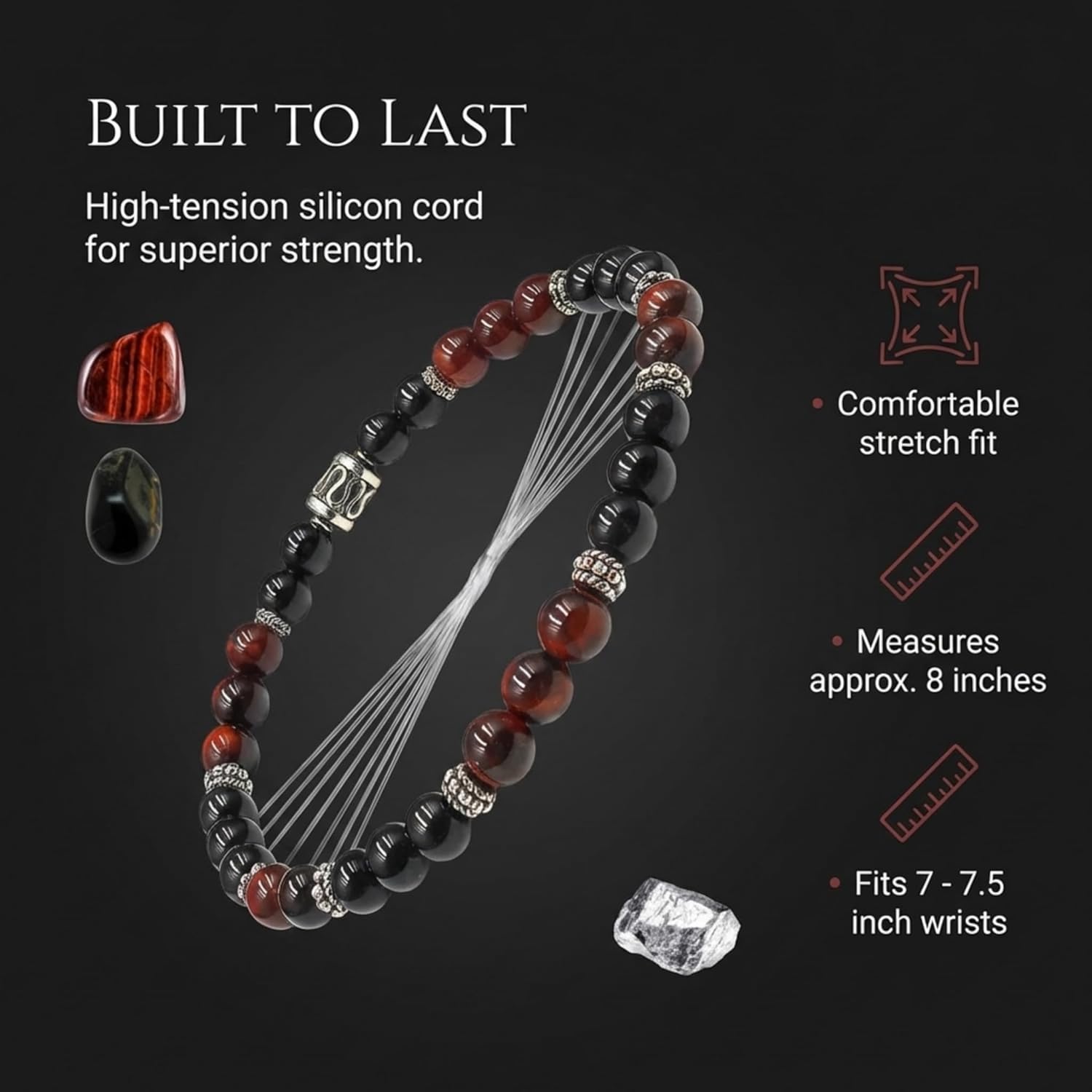 Kartini Studio Black Onyx and Red Tiger's Eye Bracelet, Stone and Sterling Silver Beads Bracelet, Quality Bead Jewelry for Men