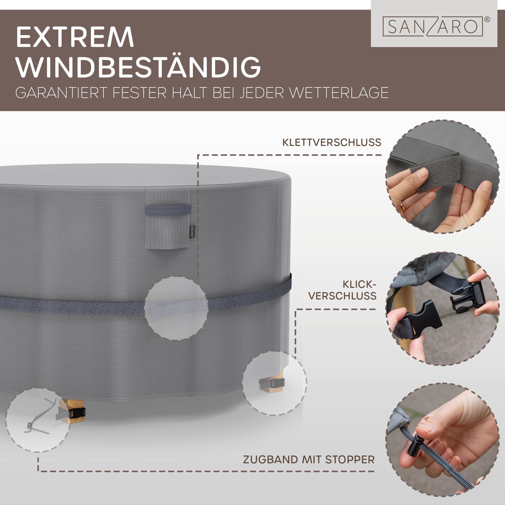 Schutzhülle Winterfest Rund für Gartentisch - RipStop-Technologie, 600D Oxford, Reißfest & UV-Beständig, Abdeckung Wasserdicht für Outdoor Möbelsets, Ø 230x100cm