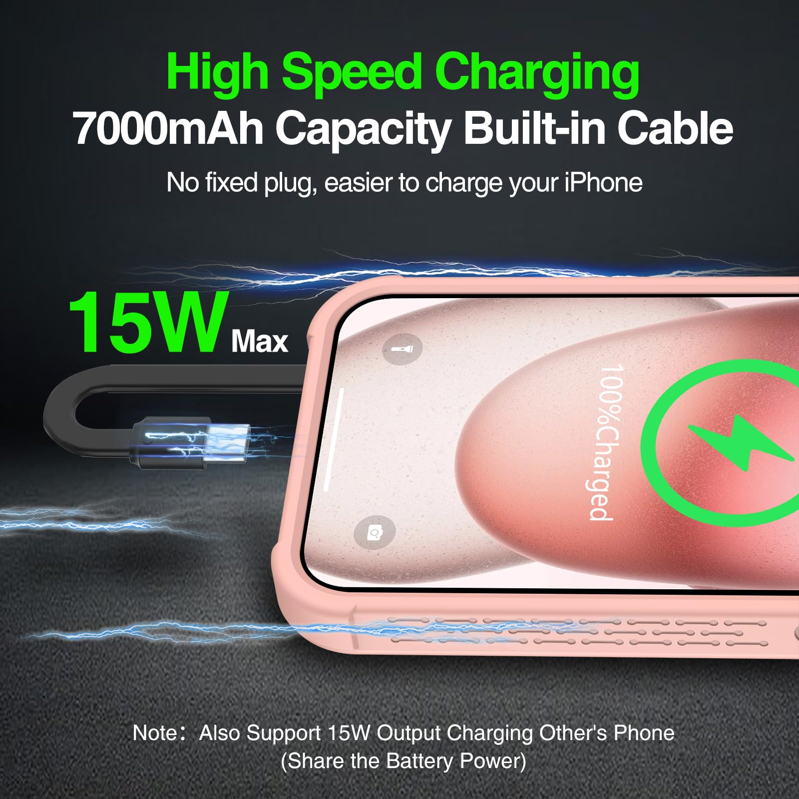 GIN FOXI Fast Charging Battery Case for iPhone 15/15 Pro, 7000mAh 15W Ultra Slim Charger Case Rechargeable Portable Extended Power Bank Case Cover Battery Pack Built-in Cable, Pink (6.1”)