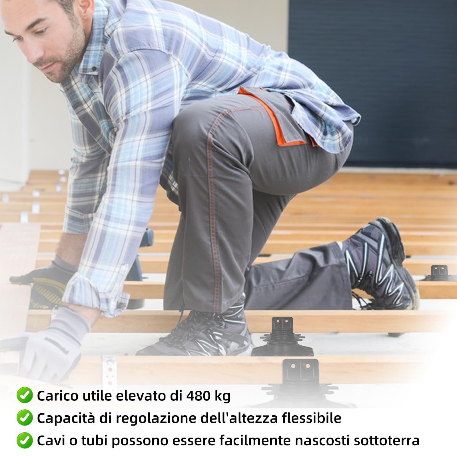 Set 24 Supporti Regolabili Pavimento, Supporto Regolabile per Assi da Terrazzo, Sottostruttura in Legno, WPC e Pietra, Altezza Regolabile 30-60mm