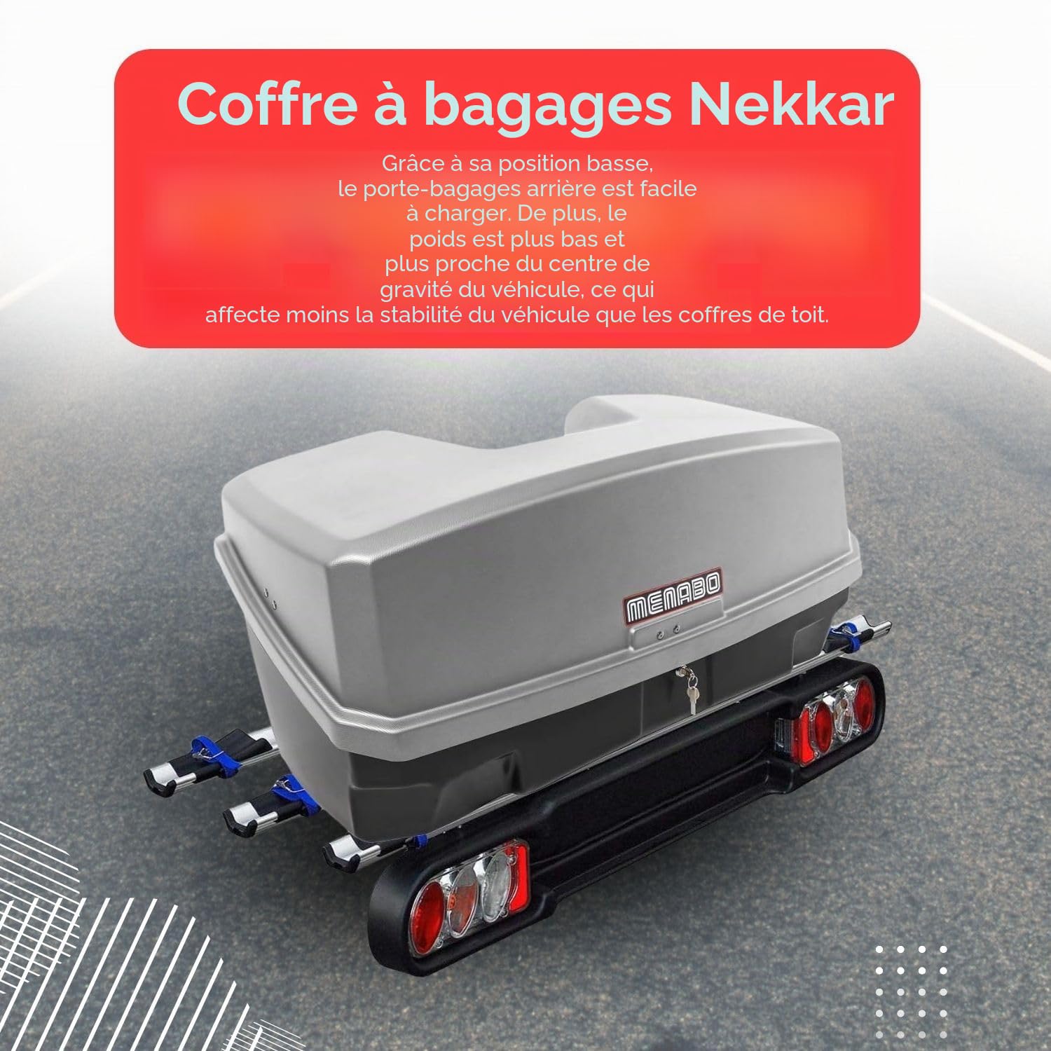 Race 3 Support d'attelage - Porte-vélos pour 3 vélos + coffre Nekkar - Argenté - 300 l