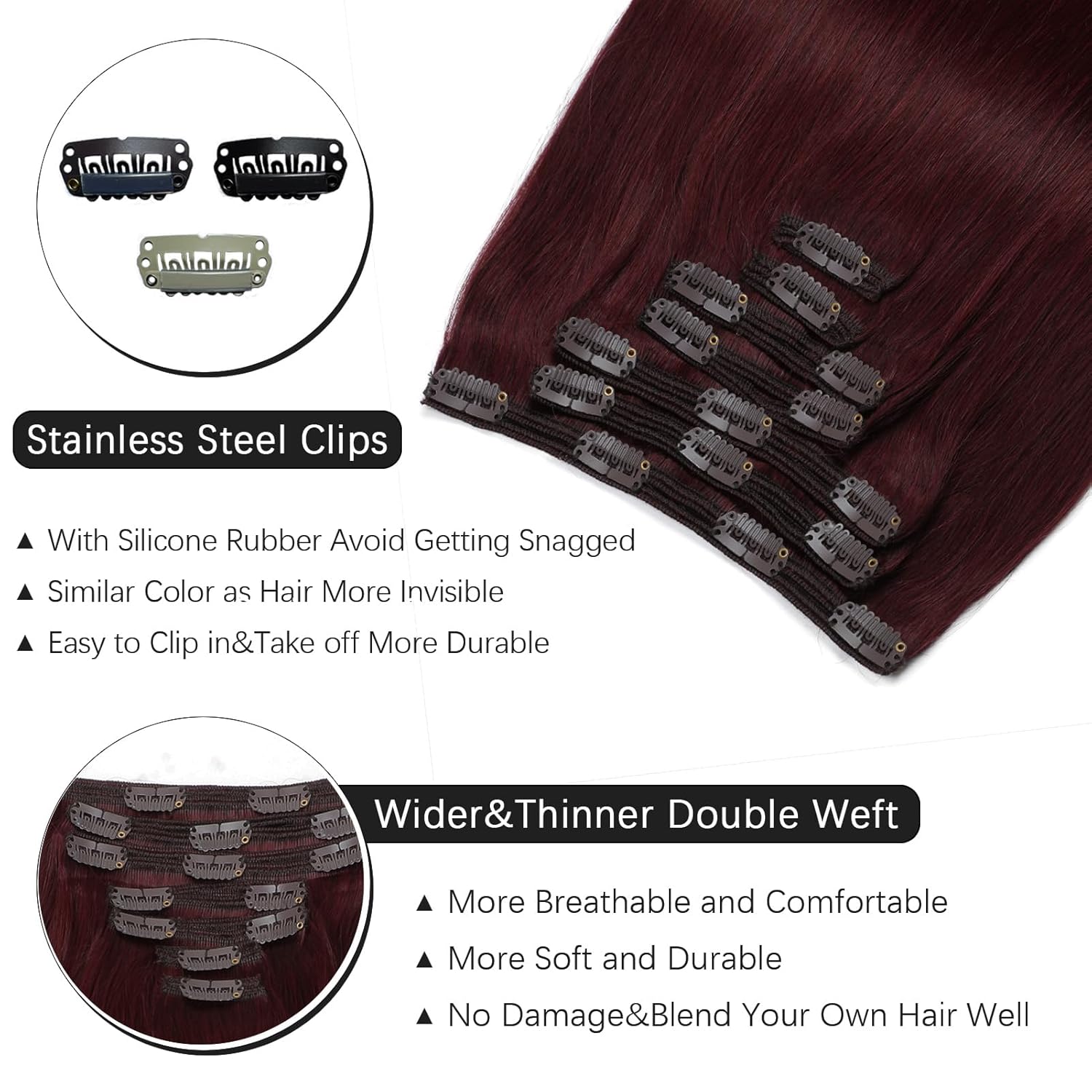 Clip in Hair Extensions Real Human Hair - 130g 14 Inch 7pcs, Burgundy Red Color - Premium Soft Human Hair Clip in Extensions Straight Double Weft for Women (#99J 14 Inch)