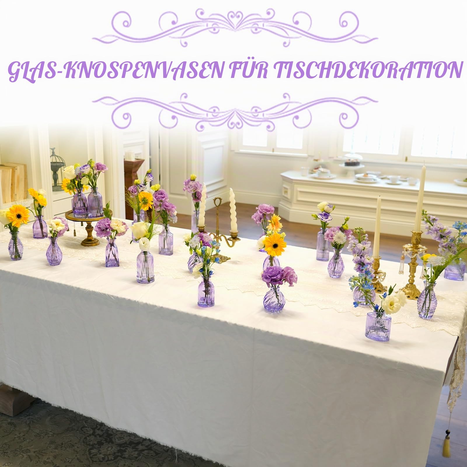 Glasvasen, 61 cm, kleine Violette Vase, Glasvasen für Blumen, Moderne, gerippte, farbige Knospenvase für Dekoration, Hochzeit, Blumenvase in Großpackung, Vintage-Dekor, Brautparty, Tafelaufsatz