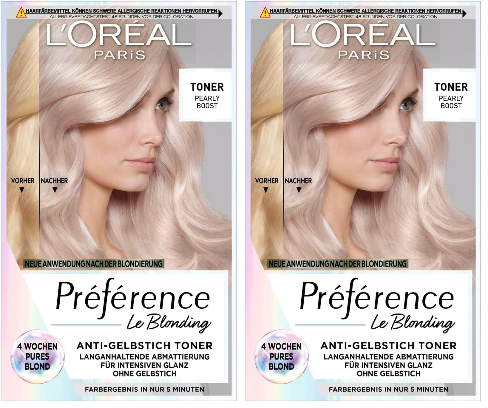 L'Oréal Paris Haartoner, Anti-Gelbstich für kühles Blond und intensiven Glanz, Ohne Ammoniak, Préférence Le Blonding, Pearly Boost (Packung mit 2)