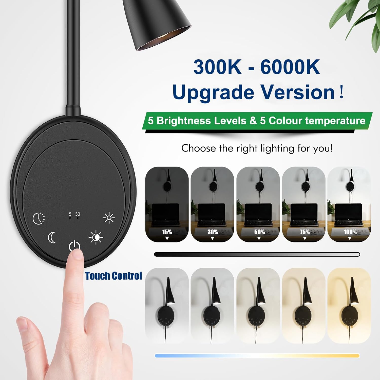 Wall Sconce Light Plug in, Wall Lamps USB Output 5 Color Dimmable Timer Touch Control, Bedside Reading Light, 360°Rotate Flexible Gooseneck Wall Lighting for Bedroom Living Room