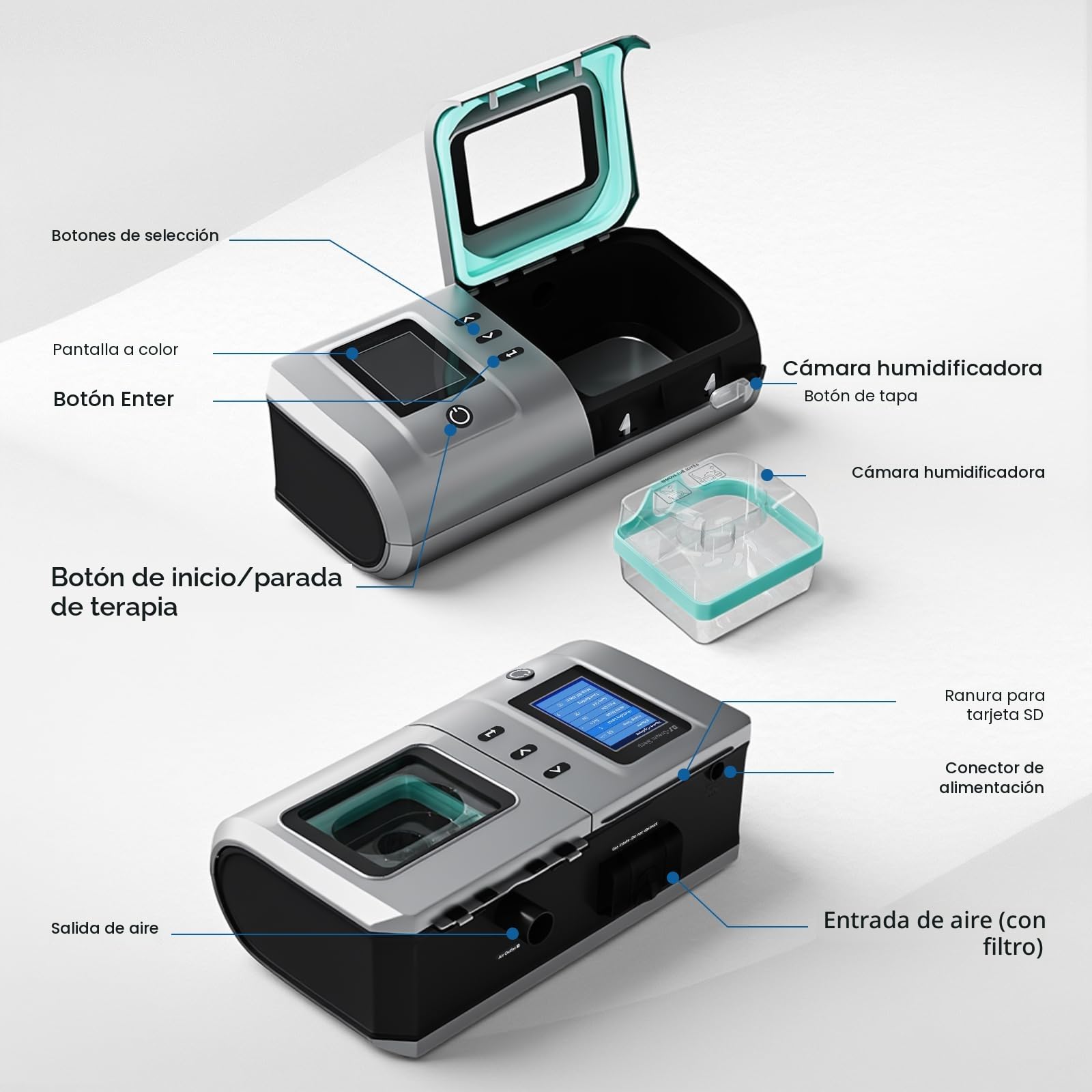 Dispositivo para Apnea del Sueño, máquina de respiración automática completa con modos dobles ajustables, ventilador para dormir, máquina para viajes y hogar con todos los accesorios y bolsa de viaje