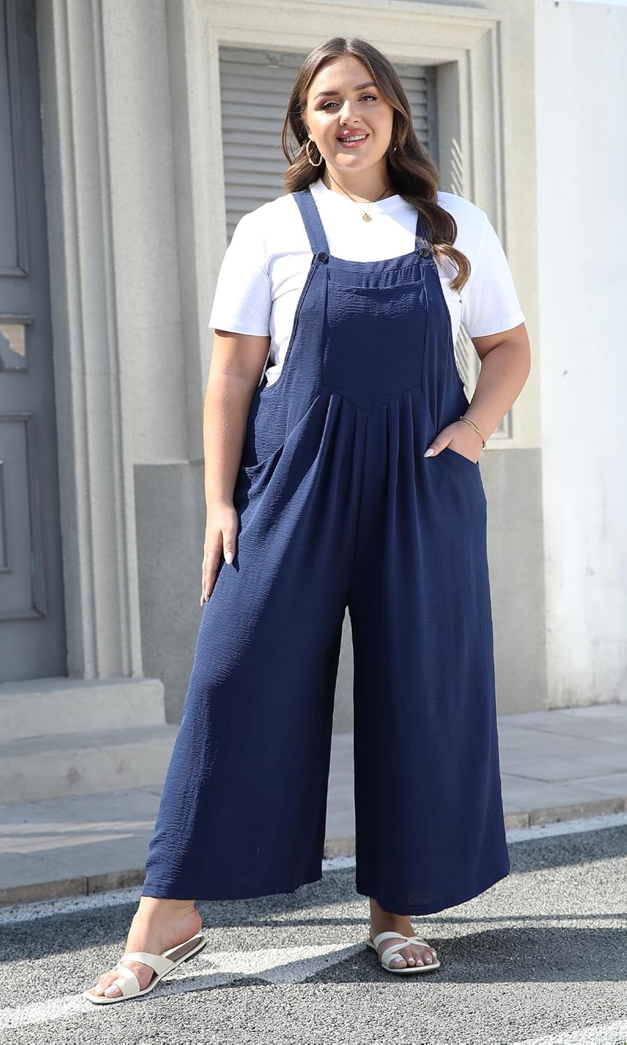 Moon Wood Plus Size Overalls for Women Loose Fit Bib Rompers Adjustable Straps Wide Leg Jumpsuits with Pockets - Image 2