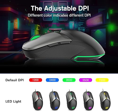 Miniatura 2 de RaceGT Ratón para juegos con cable, ratón óptico USB para computadora con alta precisión ajustable hasta 8000 DPI, mouse USB ergonómico para