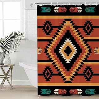 Aztec Southwest Waterproof Shower Curtain, Stall 36"x72" Washable Polyester Fabric Shower Curtains for Bathroom, Orange Black Boho Tribes Abstract Decorative Bathtub Curtain Sets with Hooks