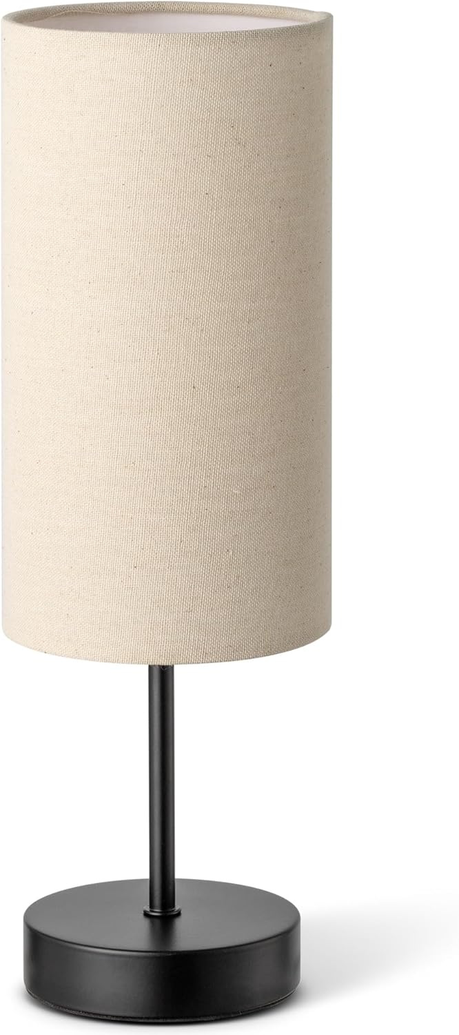 Small Bedside Table Lamp for Bedroom, Round Linen Shade and Black Metal Base, Rustic Minimalist Night Lamps for Nightstand, Dresser, Living Room, Office, College Dorm, Warm Light, 5W LED Bulb Included