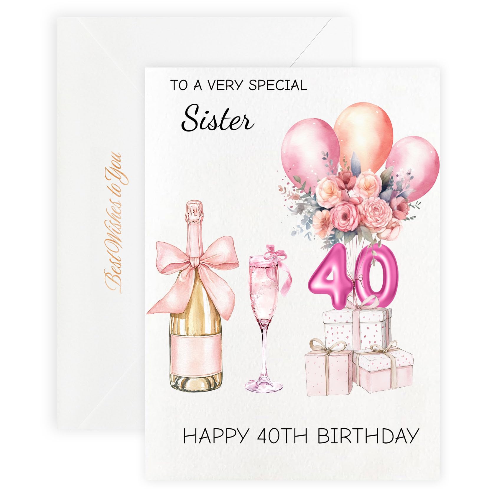 MAGJUCHE 40th Birthday Cards for Sister, Pink Happy Birthday Cards, with Envelope and Wax Seal, 5x7 inch