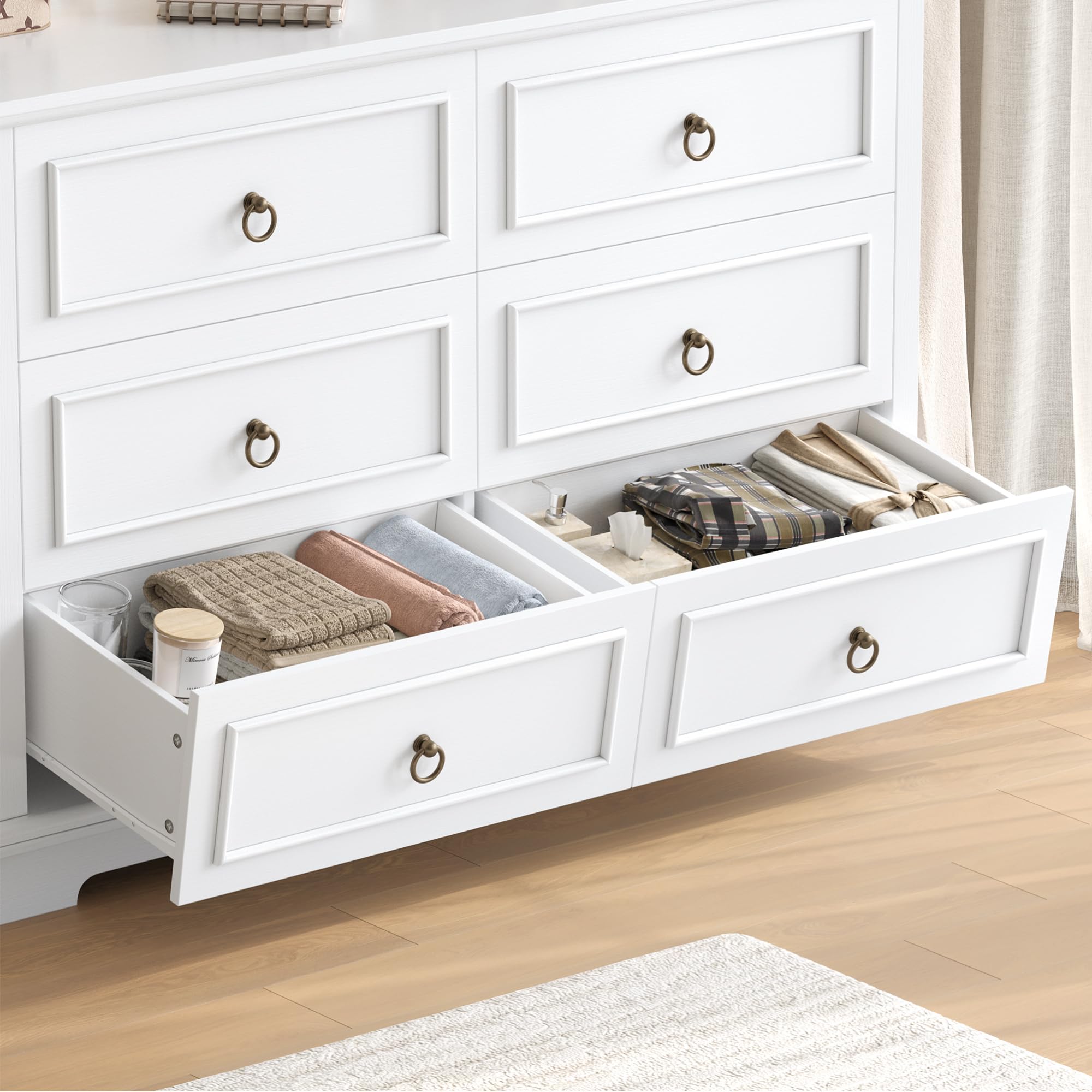 Cassettiera a 6 Cassetti, 120 cm Cassettiera Camera da Letto con Venature del Legno, Mobiletto Multiuso Armadietti da Camera da Letto per Soggiorno, Cucina, Bianco, 84×39,5×120 cm