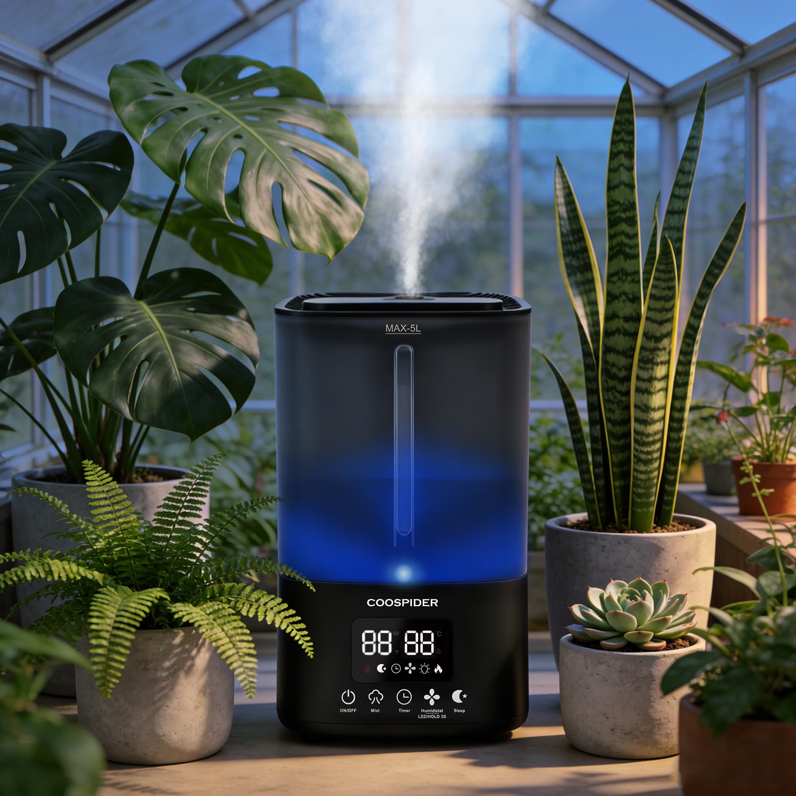 Coospider 5L Humidifier for Indoor Plants Top Fill Humidifier for Grow Tent Cool Mist Humidifiers with Timer Humidity