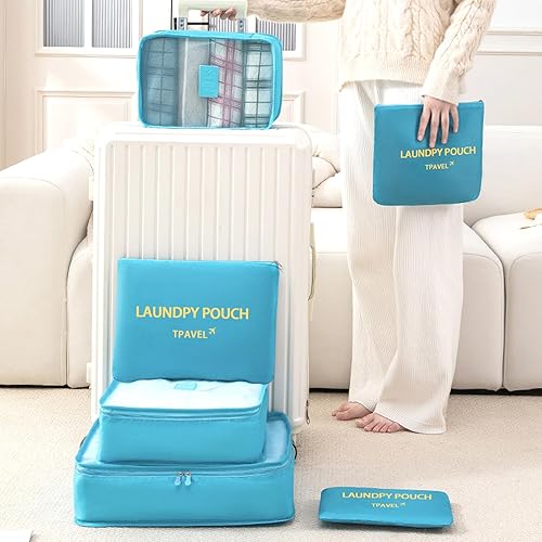 Miniatura 8 de Juego de 6 cubos de equipaje esenciales de viaje para equipaje de mano, organizadores de equipaje, maleta, accesorios de viaje (azul cielo)