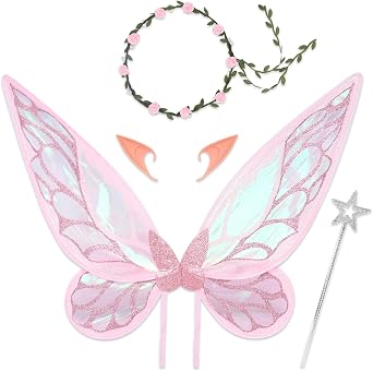 ALIBBON Fairy Wings Glitter Fairy Costume Set with Floral Wreath Wand Elf Ears for Women Adults Halloween Party Cosplay