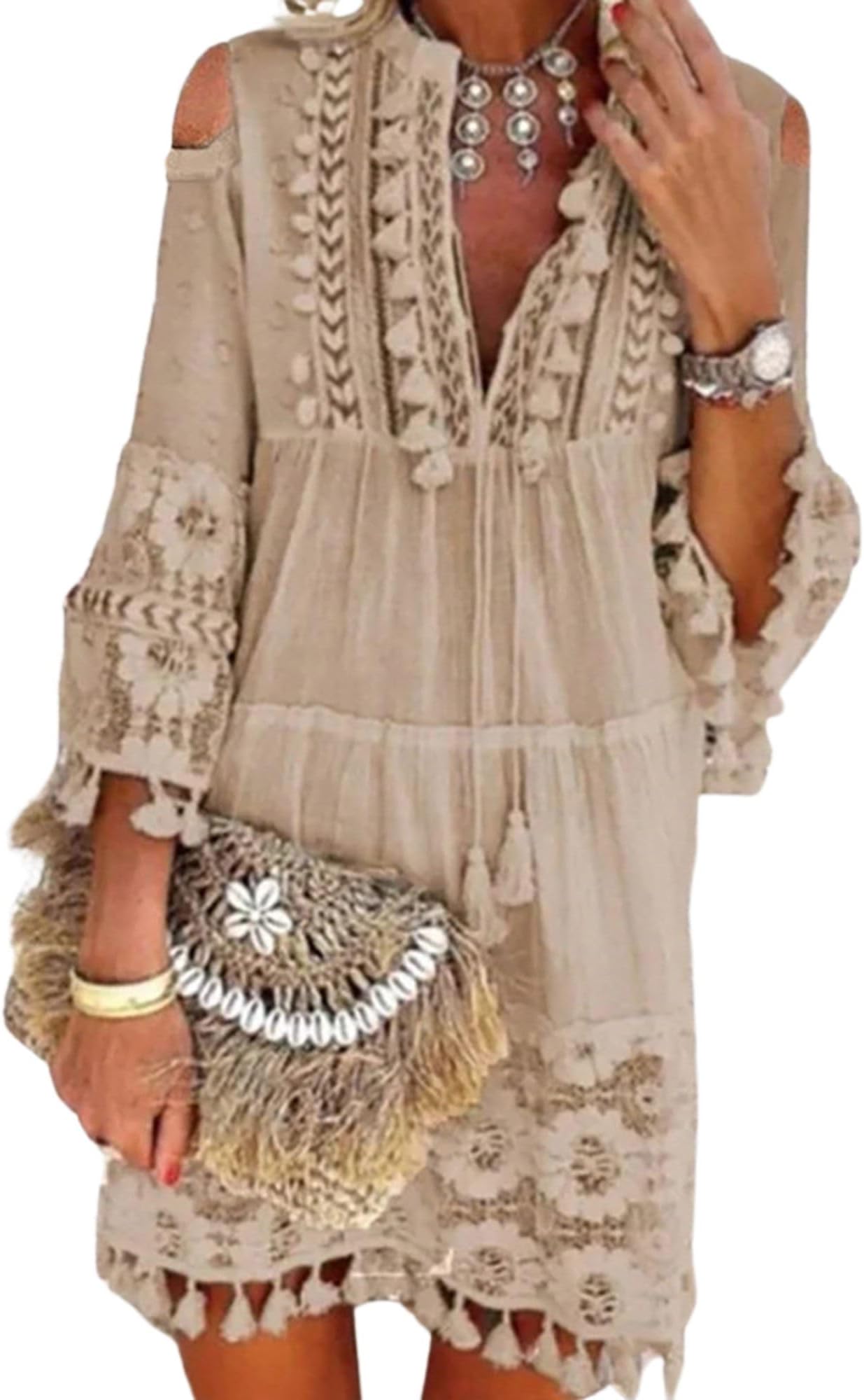 Boho Dress for Women Summer Fringe Floral Dress V Neck 3/4 Sleeve Lace Flowy Mini Dress Bohemian Beach Dress