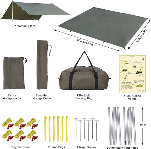 Miniatura 6 de Gaomon Camping Tarp, 10X9FT Hammock Rain Fly Camping Tarp Waterproof with 2 Aluminum Poles, Lightweight Backpack Tent tarp for Traveling, Green