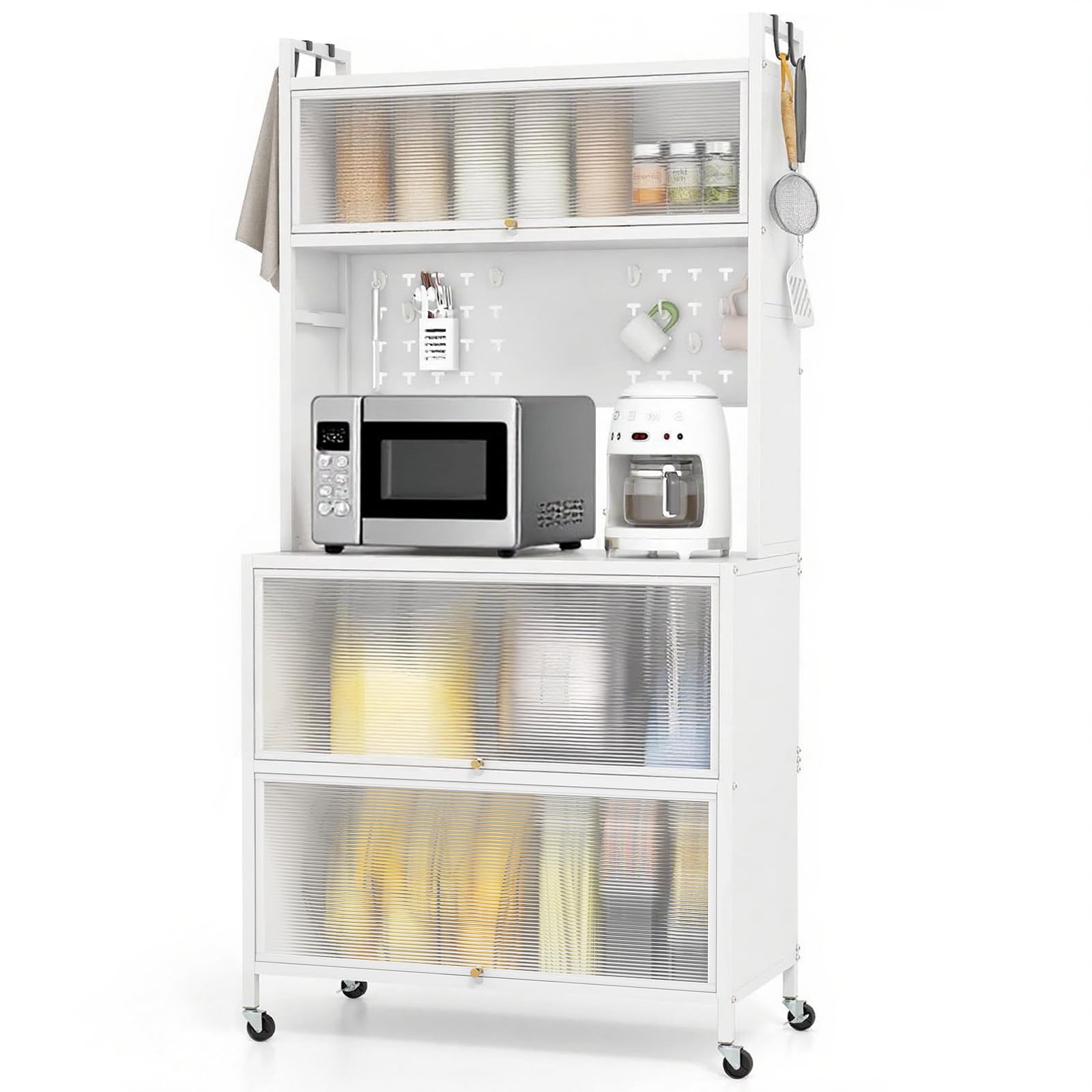 POWERSTONE 5-Tier Kitchen Bakers Rack with Wheels & Flip Doors Microwave Stand Storage Cabinet 63" Rolling Coffee Bar Station with Pegboard & Hooks