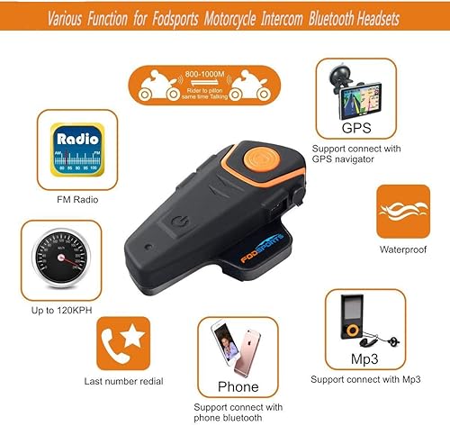 Miniatura 3 de Fodsports BT-S2 - Intercomunicador Bluetooth para motocicleta, todoterreno, casco de intercomunicación Bluetooth de 1000 M, manos libres, FM, MP3