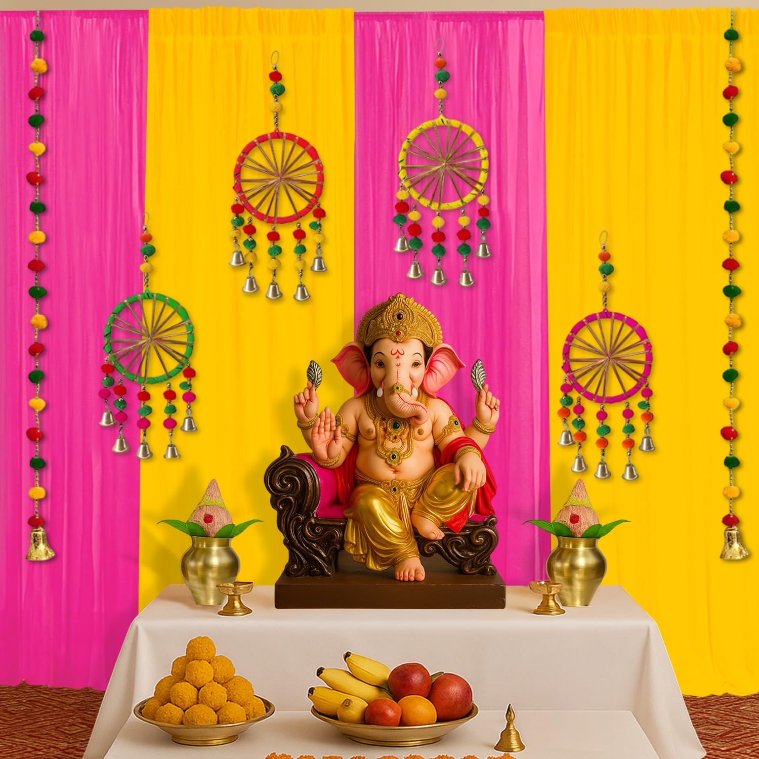 Party Propz Ganpati Decoration Setup for Home - 17Pcs Pink and Yellow Backdrop Decoration Set, Ganpati Background Decor, Haldi Decorations Items, Backdrop for Pooja Decorations (Satin)