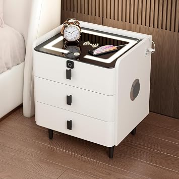 Nightstand with Charging, with 3 Drawers 3-Color LED Nightstand, Bedroom Nightstand with USB Port and Speakers, with Fingerprint Lock Color White, Size 40x40x50cm