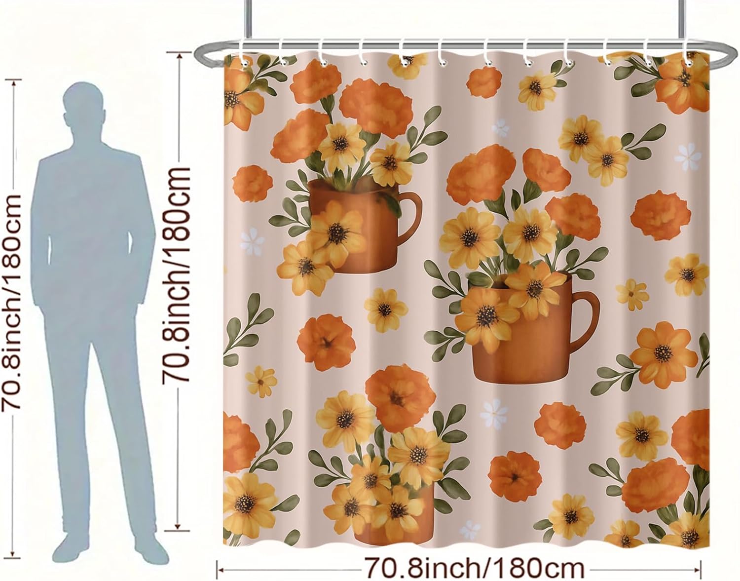 Floral Shower Curtain 72x72 Inch with Hooks Rustic Orange Daisy and Marigold Design Fabric Bathroom Decor with Tea Cup Flowers and Green Leaves for Farmhouse Boho Cottage Bathtub