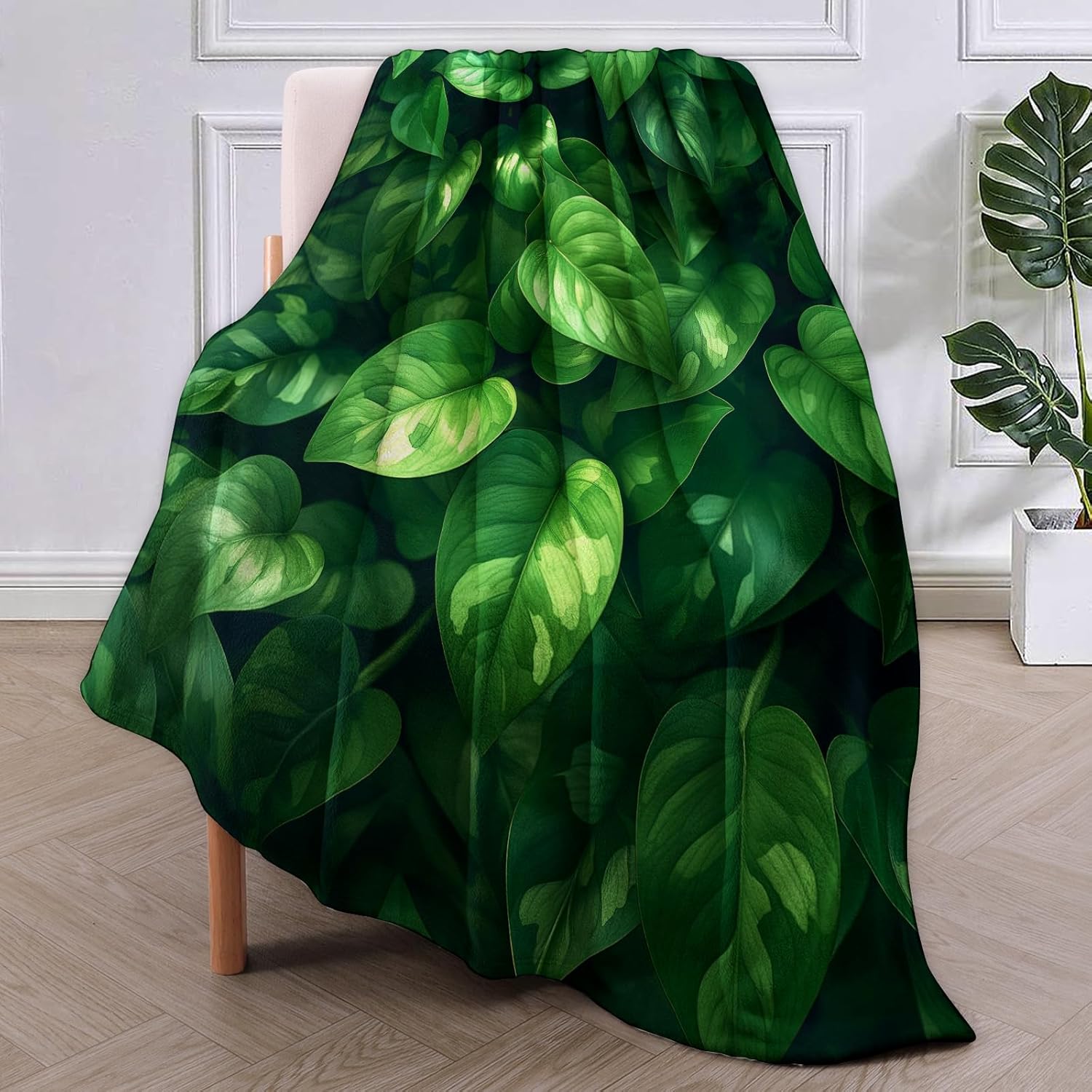Pothos Leaves Blanket,Sage Green Flannel Throw Blankets,Soft Warm Lightweight Cozy Plush Green Foliage Throws for Bedroom Sofa Office Home Decor Gifts for Adults Kids 60"x50" - Image 2