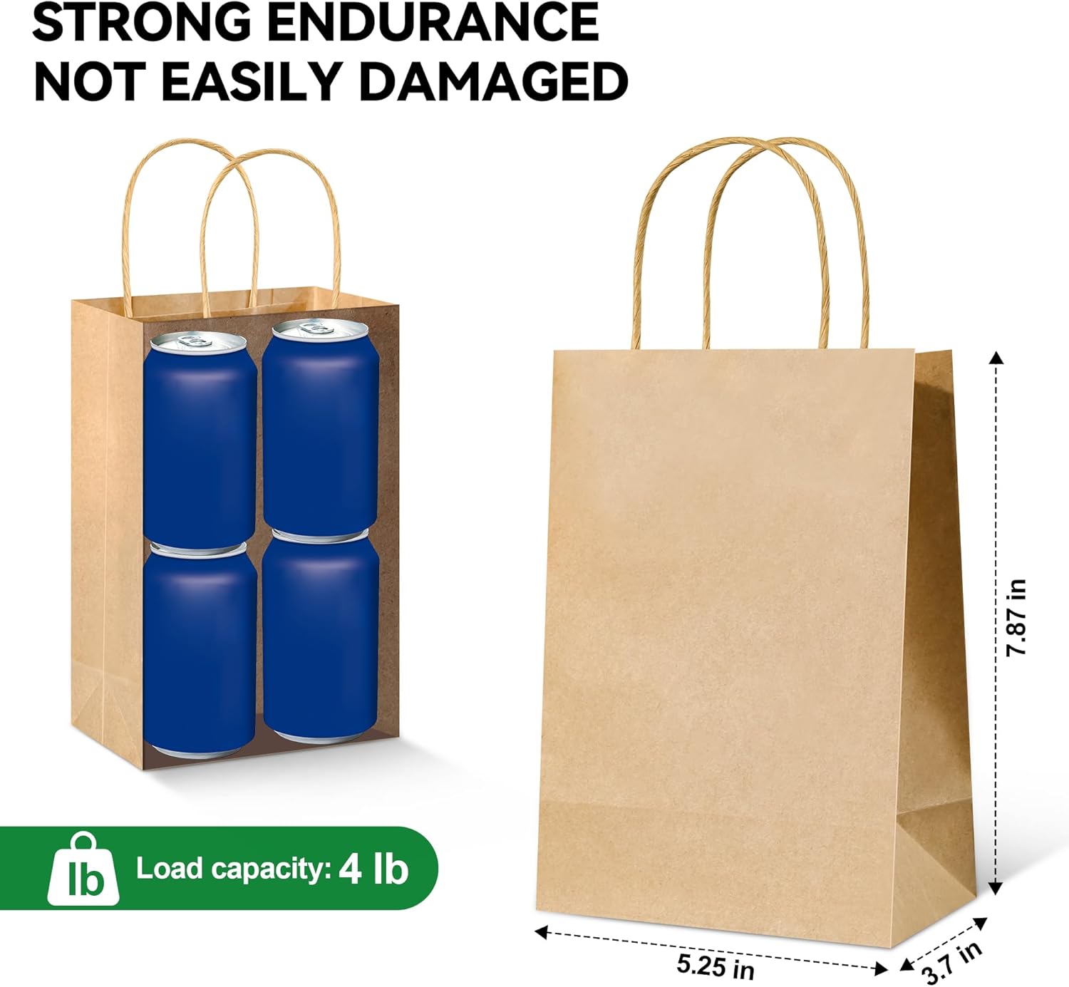 100 Pack Paper Gift Bags with Handles – Small Brown Recyclable Shopping Bags 5.5x3.15x7.87 inch – Heavy Duty 5lbs Capacity for Parties, Retail, Weddings, Baby Showers, Birthdays, Small Business Packaging (Brown) - Image 2