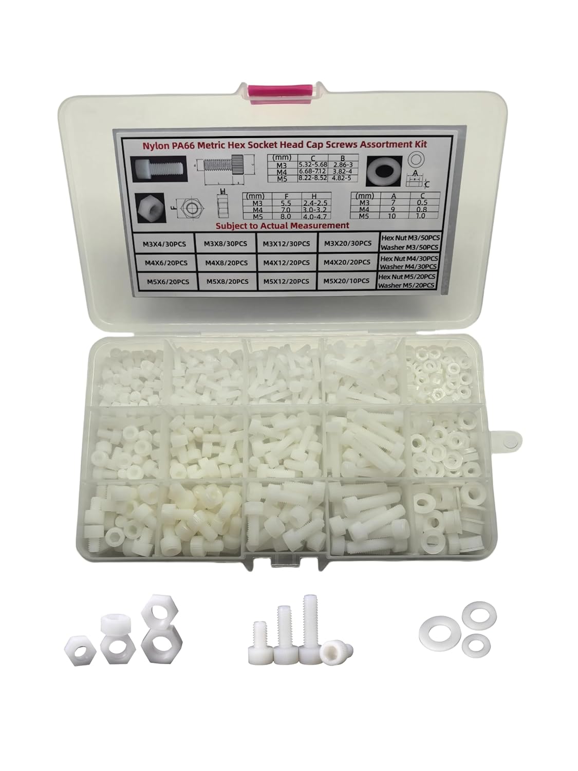 Nylon PA66 M3 M4 M5 Plastic White Metric Hex Socket Head Cap Screws Set Assortment Hardware Kit Pack of 470PCS in Plastic Storage Box (Electronics Repair DIY)