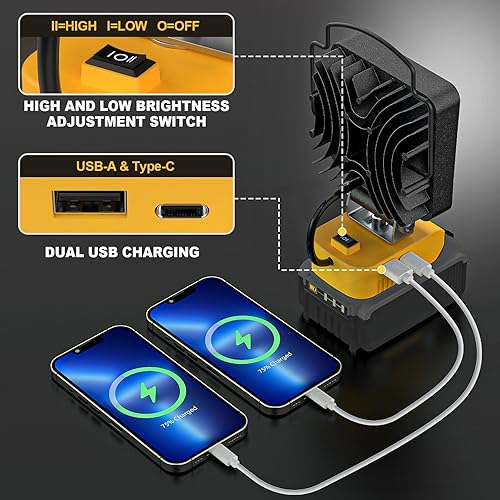 Miniatura 3 de Luz de trabajo LED inalámbrica para batería Dewalt de 18 V, 60 W, 6000 lúmenes, luz portátil de 20 V, herramienta de mano solo con puerto de