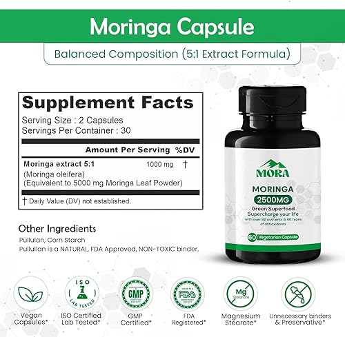 Miniatura 7 de Well-Being MORA Moringa Oleifera Cápsulas Energía, Articulaciones, Intestinos, Piel e Inmunología - Superalimento Verde - Vegano, 120 Cápsulas